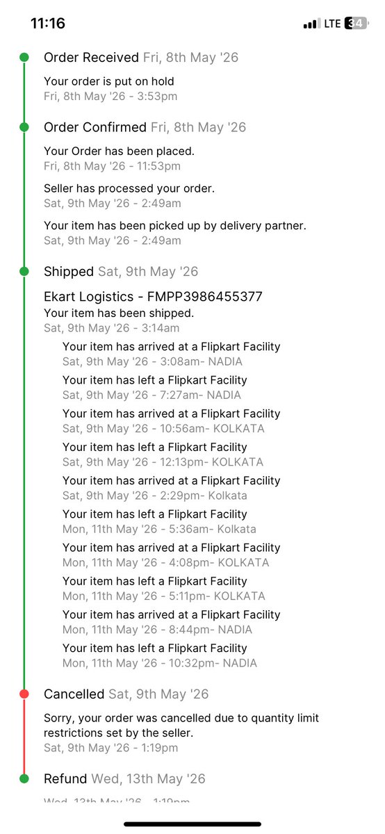 soloxdipayan's tweet photo. (1/3)Flipkart, this is a total scam. My iPhone 17 (OD437509067223273100) was SHIPPED and in transit through Nadia/Kolkata (image.png) before you cancelled it for "quantity limits." I don’t want a refund-I want my phone at the SAME SALE PRICE I paid for!#FlipkartScam #SasaLeleSale https://t.co/owufmO08R1