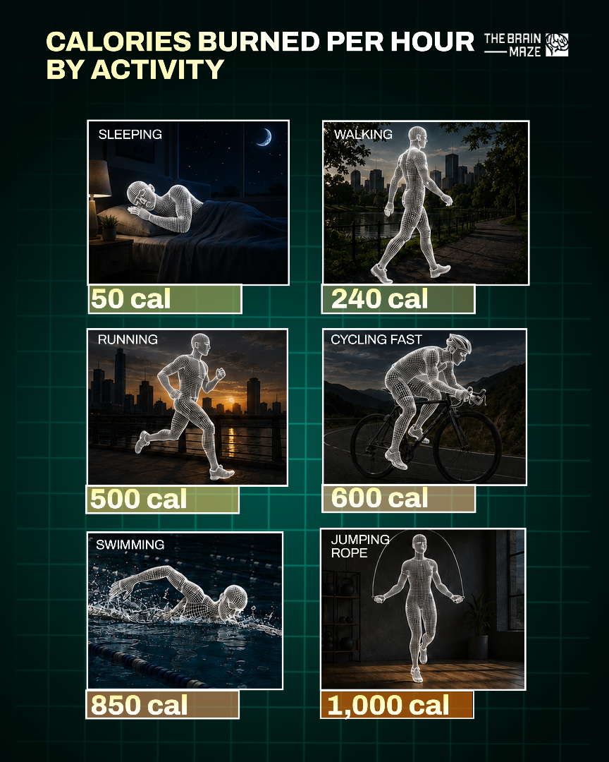 thebrainmaze's tweet photo. Calories burned per hour vary significantly depending on the activity. Sleeping burns 50 calories, while walking uses 240. Running boosts the burn to 500 calories, and cycling fast comes next at 600 calories. Swimming increases the burn to 850 calories, with jumping rope leading the list at 1,000 calories per hour. The accompanying visuals help illustrate the energy expenditure for each activity.