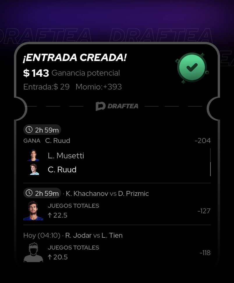 WojtekBets's tweet photo. Nunca he apostado en tenis 🎾
Así que… que sea lo que Dios quiera y el saque también 🙏💸

#Tenis #Apuestas #SportsBetting #ATP #parlay Mira esta apuesta que metí, ¡juega en Draftea!
https://t.co/EyhCBLpNU3 https://t.co/66vUGn5Pdh
