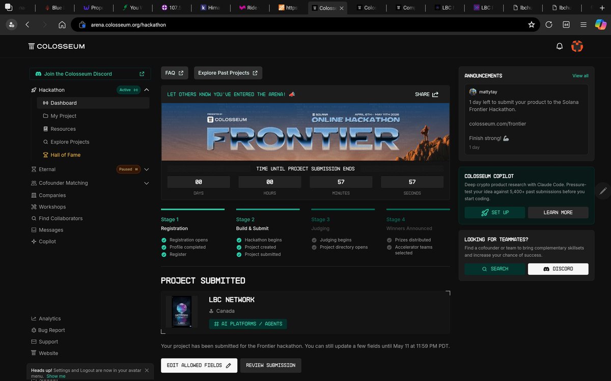 LBC_Founder's tweet photo. 🌐 LBC Network is live on @ColosseumOrg Frontier Hackathon

We're building the Digital City on Solana — social connection, marketplace, AI-powered travel & rides, all in one frictionless ecosystem.

Powered by Lumina AI 🤖 Built on @solana ⚡ Real revenue. Live mainnet. 🇨🇦

👉 https://t.co/wZTzVKEdMw

#Solana #Colosseum #Frontier #LBCNetwork #Web3 #AI

And a LinkedIn version (more professional):

Excited to share that LBC Network is officially submitted to the Colosseum Frontier Hackathon 🏔️

LBC is building a unified Digital City on Solana — bringing together social identity, marketplace commerce, AI-driven travel, and community tools under one protocol.

Key milestones: • Live $LBC token on Solana mainnet (mint renounced) • Real revenue — first client generating $2,000 USDC • Lumina AI deployed as autonomous ecosystem intelligence • Incorporated as LBC NETWORK inc in Ottawa, Canada 🇨🇦

If you're building on Solana or interested in the future of digital communities — let's connect.

🔗 https://t.co/kOh6Y1fLaM

#Solana #Web3 #AIAgents #DigitalCity #LBCNetwork #Colosseum