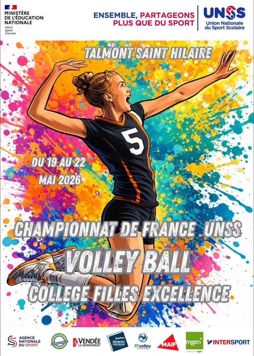 UNSSvendee's tweet photo. 🏐 Du 19 au 22 mai 2026, @talmont85 vibrera au rythme du Championnat de France @unss Volley Ball Collège Filles Excellence 🔥
Les 12 meilleures équipes de France seront réunies pour 3 jours de compétition intense et de fair-play 💪
📍 Finale vendredi 22 mai à 13h30 Ribandeaux https://t.co/m78ov0Yy8E