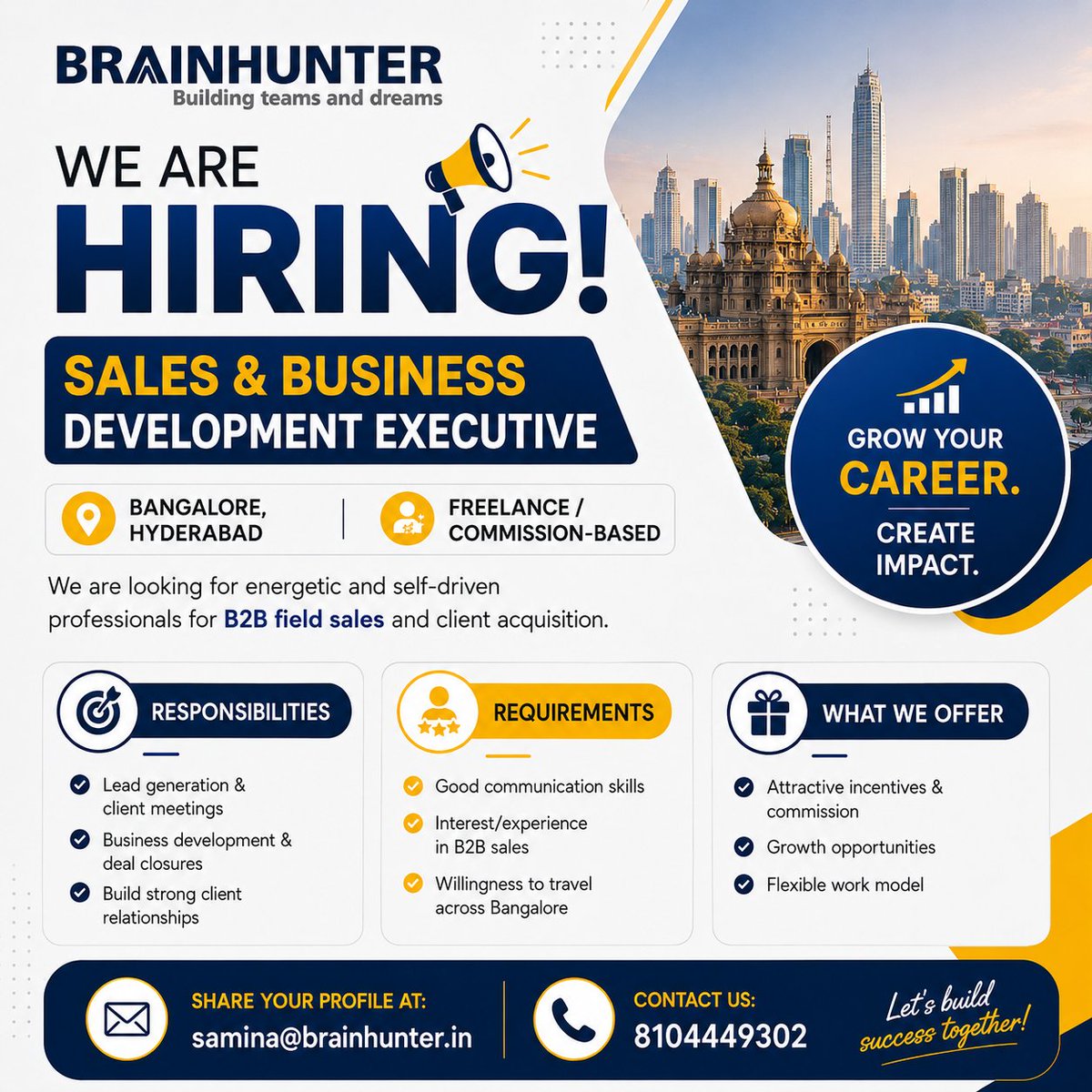 Brainhunter_in's tweet photo. 🚀 We’re Hiring | Sales & Business Development Executive
📍 Location: Bangalore & Hyderabad
💼 Freelance / Commission-Based
📩 Send your profile:
📧 samina@brainhunter.in
📞 +91 81044 49302
#Hiring #BusinessDevelopment #SalesJobs #B2BSales #FreelanceJobs #CommissionBased https://t.co/ULVZ0xZXd7