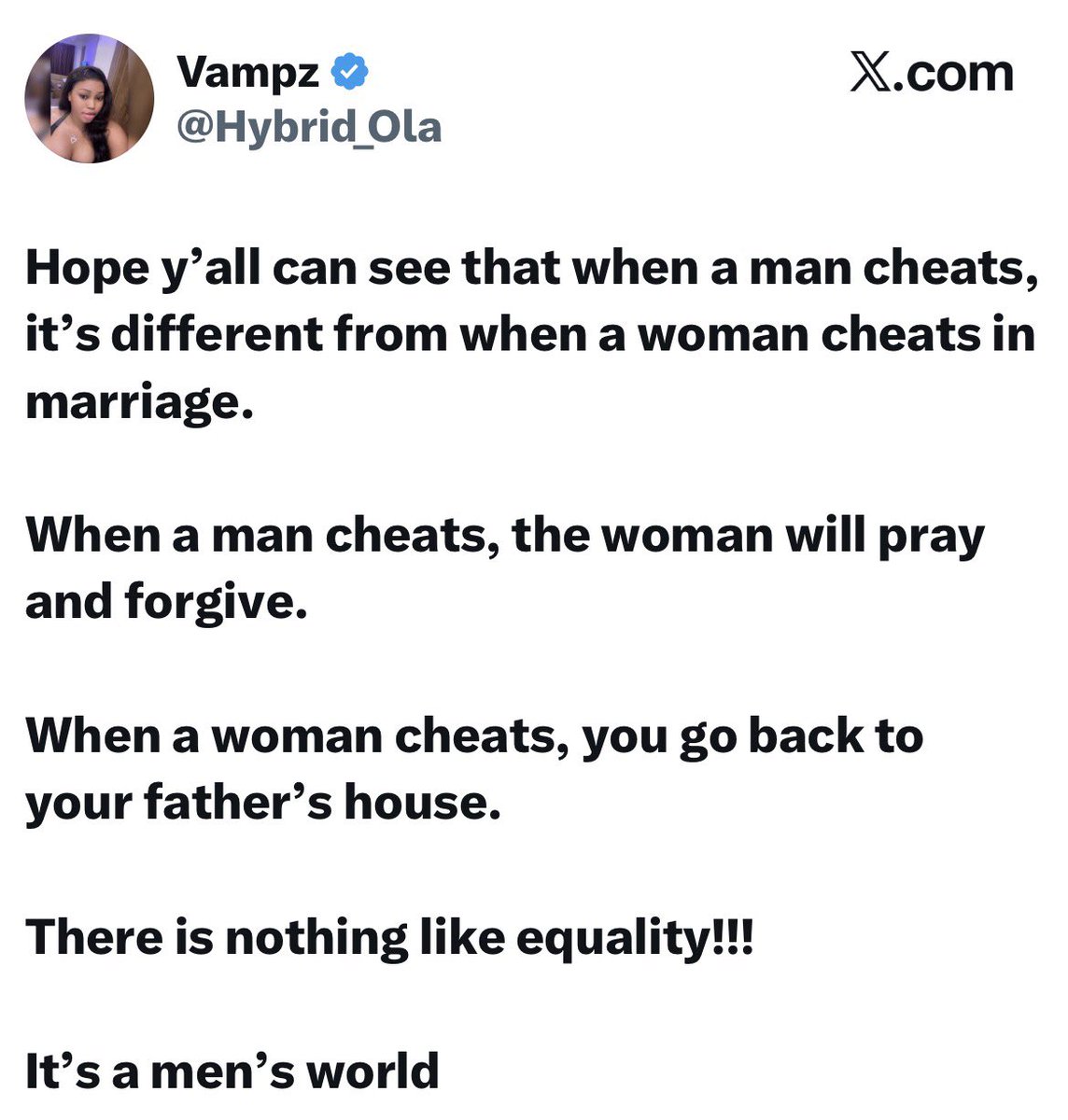 instablog9ja's tweet photo. “There is nothing like equality, it’s a man’s world” — media personality Vampz speaks on che@ting in marriage https://t.co/tlCd314CEb