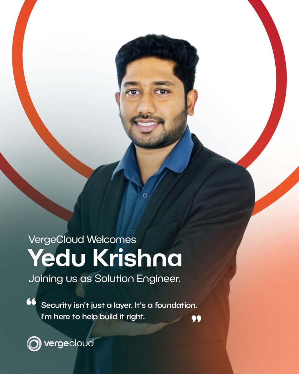 vergecloud's tweet photo. We are building a team that understands security at its deepest level. And YeduKrishnan V is exactly that kind of addition.

We are delighted to welcome YeduKrishnan V to VergeCloud as our new Solution Engineer. With 5+ years of experience in the System Integrator industry, Yedu brings deep expertise in designing and implementing advanced security solutions, including WAF, DDoS protection, CDN, and Zero Trust architectures.

What sets YeduKrishnan V apart is his ability to connect technical depth with business outcomes. From leading POCs that demonstrate real value to supporting deal closures and ensuring long-term customer success, he brings the full picture into every engagement. And whatever he takes on, he sees it through. No backing down, no leaving things half done.

Welcome aboard, YeduKrishnan V. The team is stronger for having you.

#VergeCloud #NewJoiner #SolutionEngineer #TeamVergeCloud #WelcomeAboard #Hiring #TechTalent #GrowingTeam #StartupIndia #SaaS #TechCareers