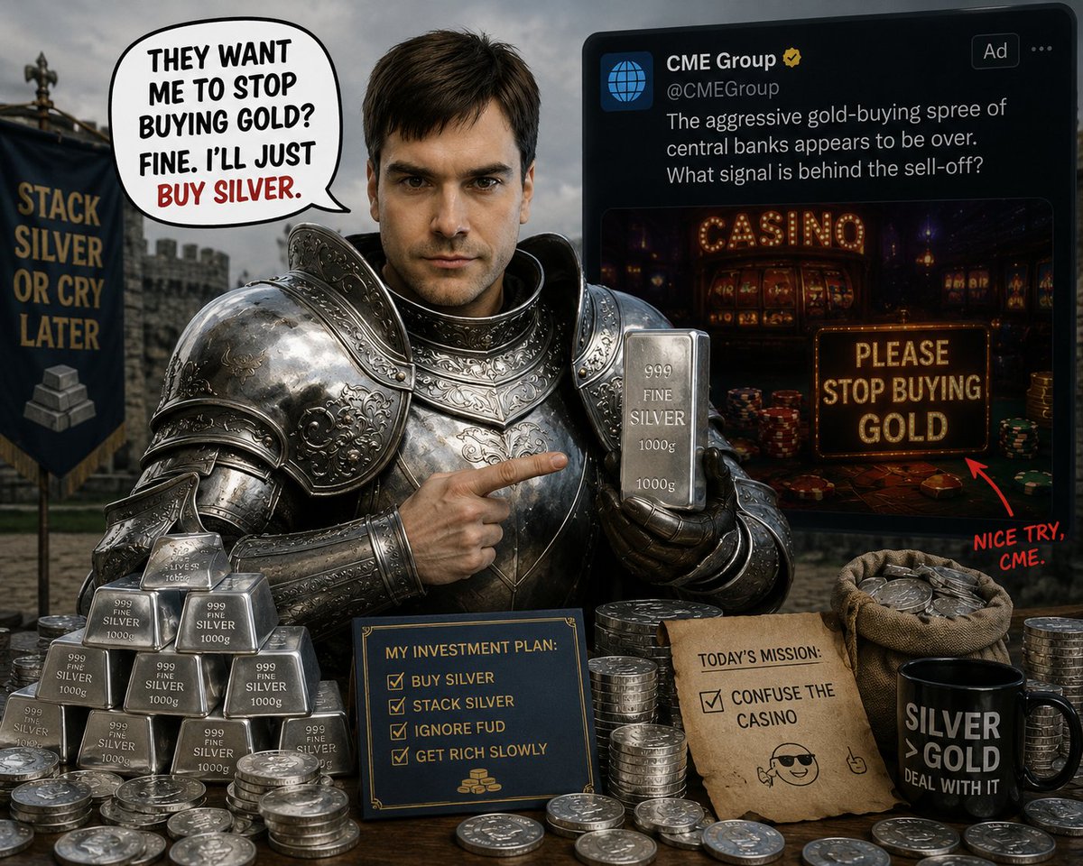 honzacern1's tweet photo. “They told me to stop buying gold.
So naturally… I upgraded to silver.” 😌🥈

Meanwhile the paper casino:

“Wait… that’s illegal.” 😂

#SilverSqueeze #StackSilver #TrustMeBro #SilverWarrior https://t.co/4xvoCb7QE6