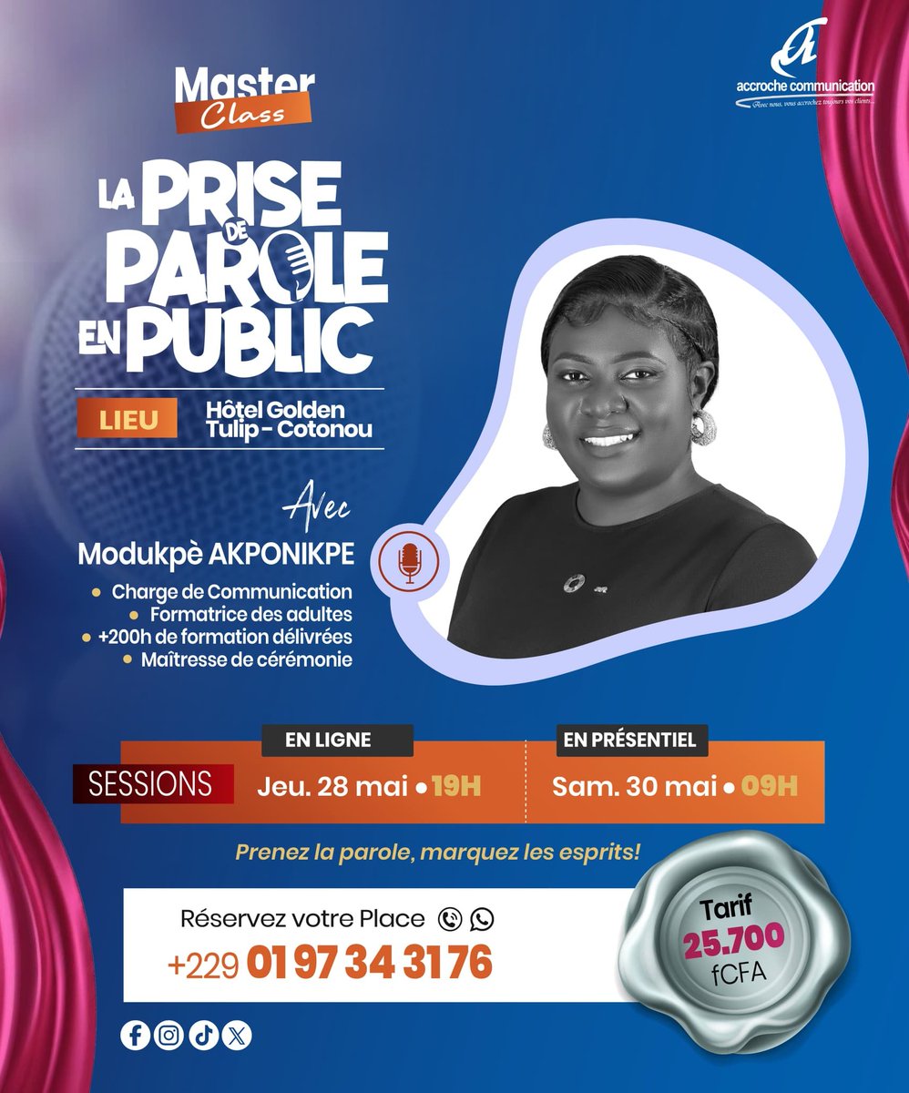 AccrocheComm's tweet photo. Parler en public se travaille et se maîtrise avec les bonnes méthodes.

@Modukpe_ vous aidera à parler avec plus d’assurance, gérer votre stress, captiver votre auditoire et renforcer votre présence.

Rendez-vous les 28 &amp; 30 mai 2026.

#PriseDeParole #Leadership #ArtOratoire https://t.co/lSmKgAoMD7