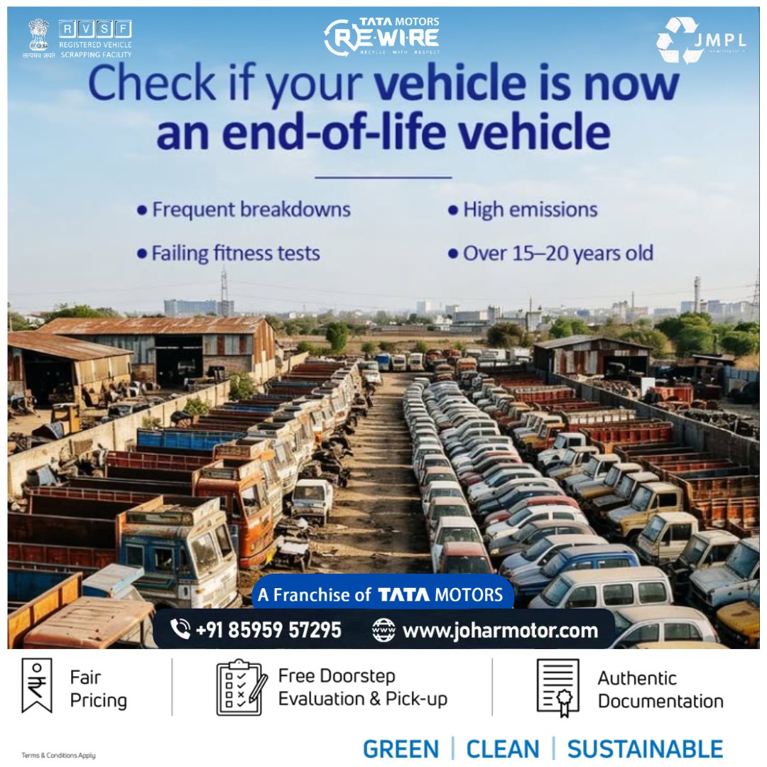 TataRewireJMPL's tweet photo. Your vehicle may have served you well, but is it still serving you right? 

पुरानी गाडी या स्क्रैप वाहन को बेचने के लिए अभी संपर्क करें - +918595957296
#tatarewirejmpl #GreenGoodbye #VehicleRecycling #EcoFriendly #InstantCash #DeclutterSmartly #SustainabilityFirst #TataRewireJMPL https://t.co/WrfE8EbHsD