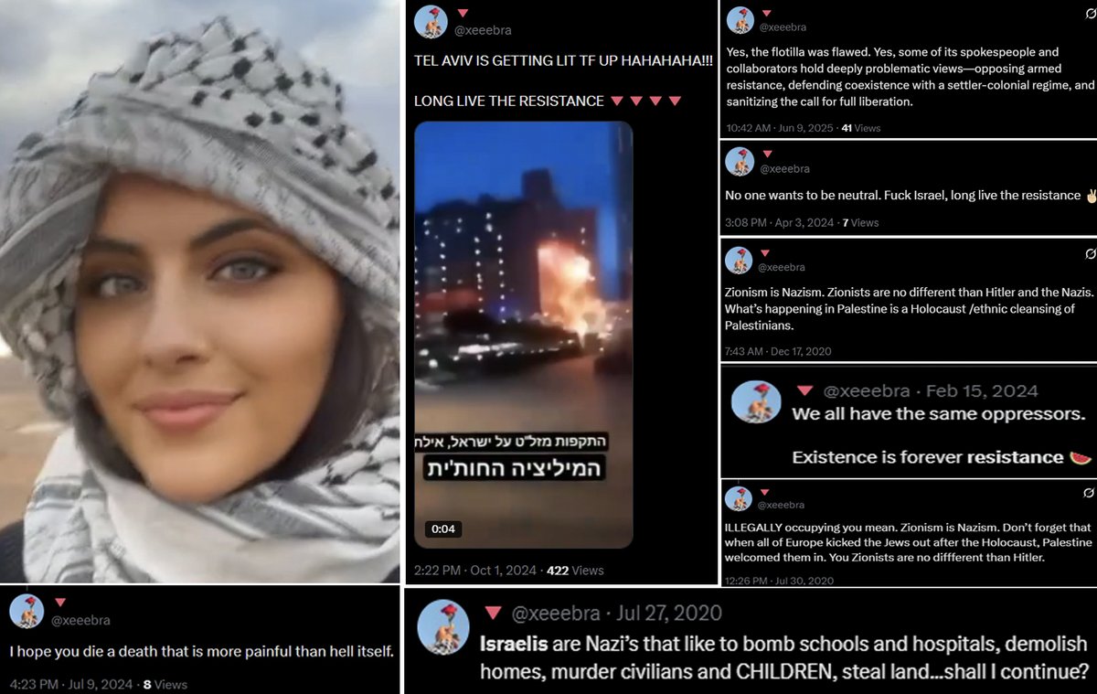 l3v1at4an's tweet photo. Zeina Agha @xeeebra is the Toronto based Talent Attraction Manager for the global accounting firm @KPMG @KPMG_Canada

With Zeina Agha in charge of attracting talent to the firm, clients & investors can feel rest assured knowing she will picking the top terrorist supporters given her unconditional support for the foreign designated terror entity Hamas.

Zeina Agha was quick to hit social media on October 7th2023, the largest mass murder of Jews since the Holocaust, to show her support for the attack saying “I’m so proud of my people” to the backdrop of horrified Israeli concert goers running away from the Nova Music Festival as they are gunned down by Hamas terrorists.

Zeina Agha loved the terrorist attack so much she said “today feels like Eid”, the celebration to end Ramadan in the Muslim religion.

While glorifying the terrorist attack, Zeina Agha also simultaneously denied it even happened, later stating “Israel killed its own people on October 7th”, and that there is “zero proof” of “every lie” that occurred on that day including rape against Israeli women.

In turn Zeina Agha has also been seen celebrating Tel Aviv civilian buildings getting hit by Iranian missiles writing “TEL AVIV IS GETTING LIT UP HAHAHAHAHA!!! LONG LIVE THE RESISTANCE.”

Zeina Agha dehumanizes Israelis stating they are “Nazis” who are “no different than Hitler” while telling them on social media she hopes they die “a more painful death than hell itself.”

Zeina Agha refers to Hamas as “brave resistance fighters”, Yahya Sinwar as a “legendary man”, and Mohammed Deif as “the great leader.” She denies terrorist attacks as such claiming “resistance is NOT terrorism” with a picture of a PFLP terrorist with an assault rifle.

This is a Notice of Public Interest to the Toronto Israeli & Jewish community regarding this radical supporter of Hamas & terrorist attacks.

Further we are advising anyone who is a client or investor with KPMG that their assets & financial information are not safe given the compromised security of having a radical terrorist supporter in a senior position who is responsible for bringing like minded talent to the company. We strongly suggest dropping the company until this vulnerability has been rectified.

All materials provided were obtained via publicly available sources & does not contain any forms of private media.