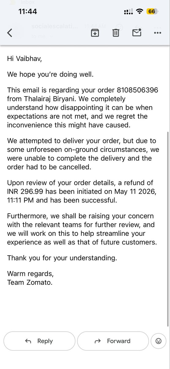 vaibhavb080's tweet photo. Refund was never the main issue. I waited 1+ hour, got misleading updates, was asked to cancel because of your team’s mistake, and the chat was closed when I refused. I already declined the ₹300 compensation because I wanted accountability, not just copy-paste apologies.@zomato https://t.co/HUOiYZlLt7