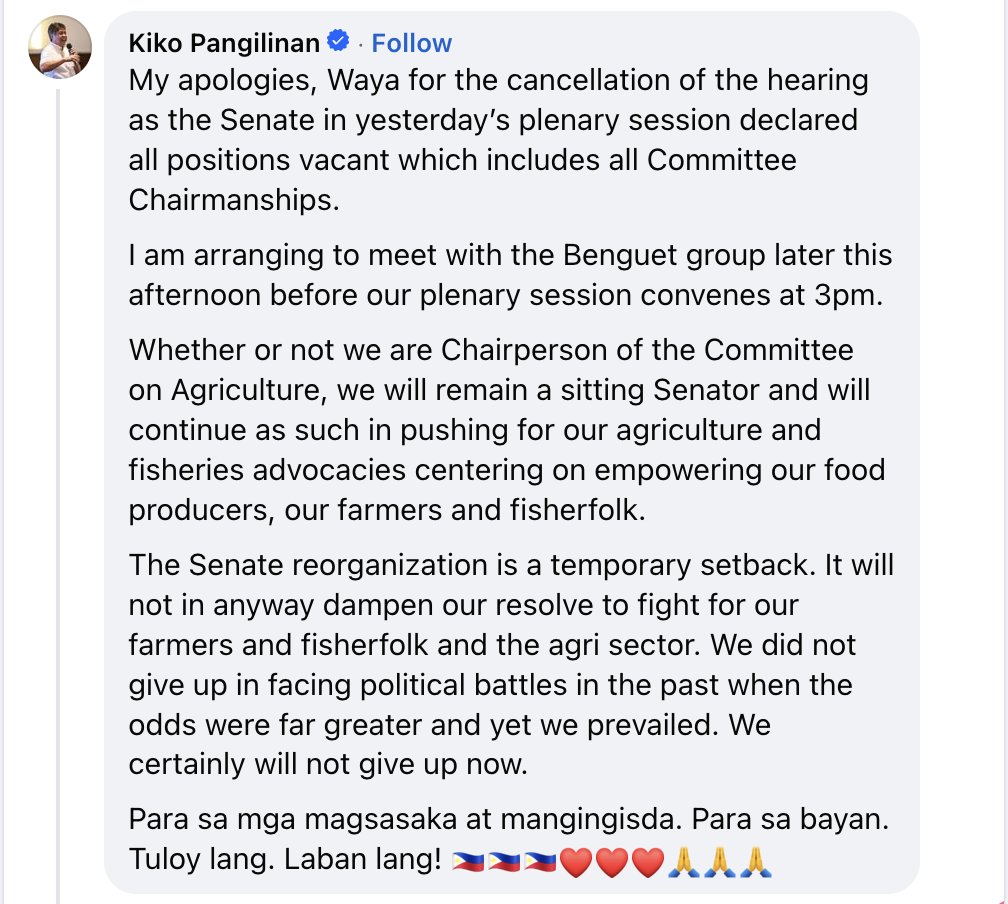 ‘WALANG HONOR, WALANG BAYAN, WALANG HIYA’

LOOK: Farmer advocate Chef Waya Araos-Wijangco expresses frustration over the abrupt cancellation of a Senate agriculture hearing on Tuesday, May 12, leaving farmers who traveled to Manila to share their struggles unheard.

“The senators