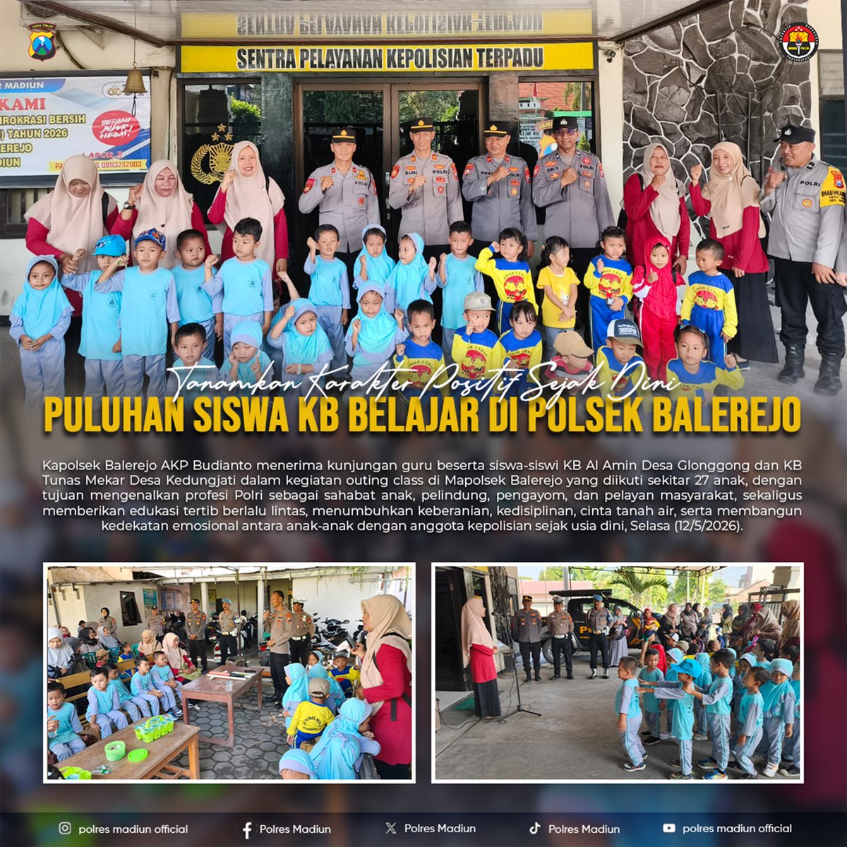 polres_madiun's tweet photo. Belajar sambil bermain, puluhan siswa KB Al Amin Desa Glonggong dan KB Tunas Mekar Desa Kedungjati melaksanakan kegiatan outing class di Mapolsek Balerejo. 

#PolriUntukMasyarakat #PolsekBalerejo #PolresMadiun #PolisiSahabatAnak #OutingClass #EdukasiAnak #MadiunAman #PolriPresisi https://t.co/WVmcfjGOvw