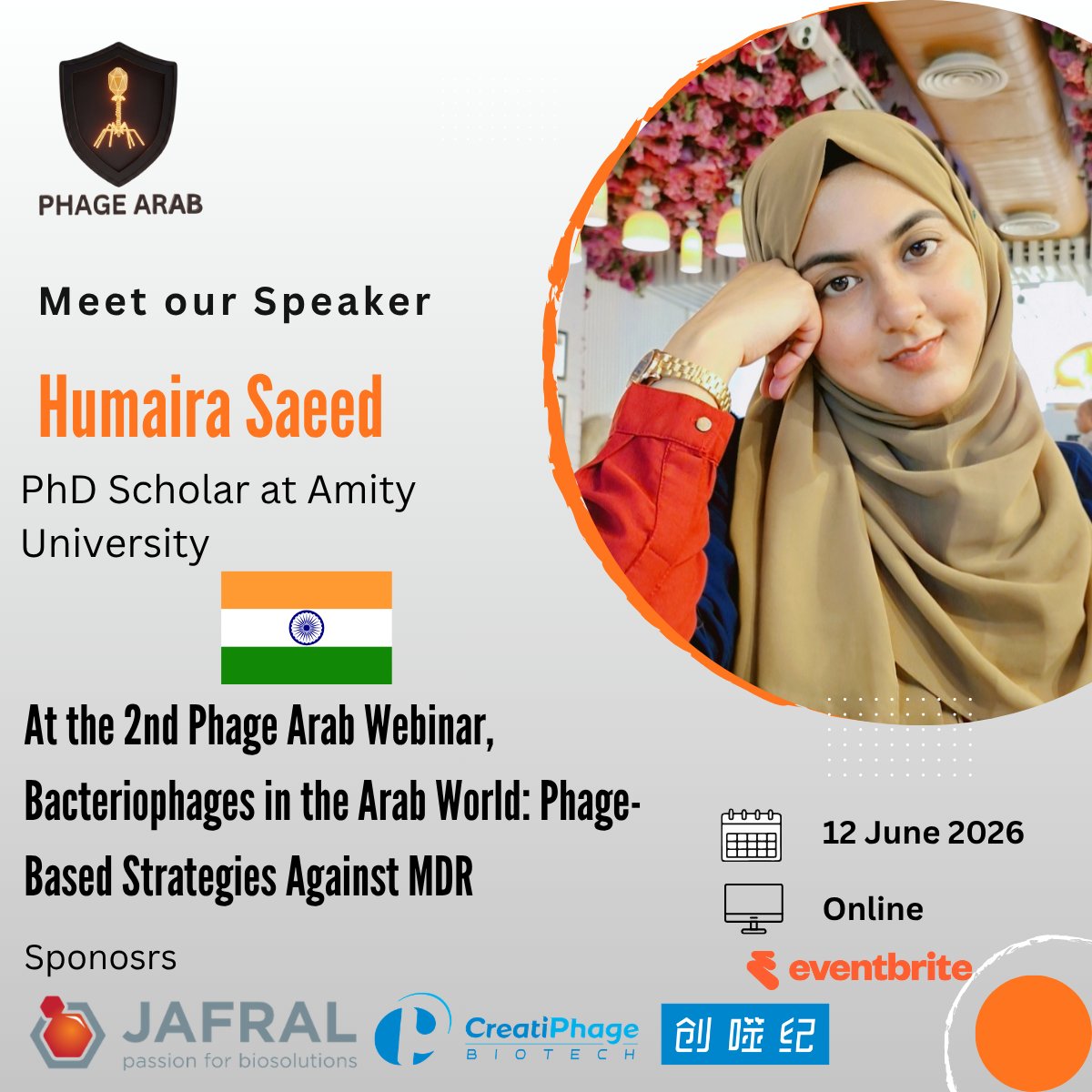 PhageArab's tweet photo. Meet our speaker: Humaira Saeed
PhD Scholar at Amity University 
📍 India

#PhageArab #Webinars #Bacteriophage #Phagetherapy #biotechnology https://t.co/smNvAYg1O6