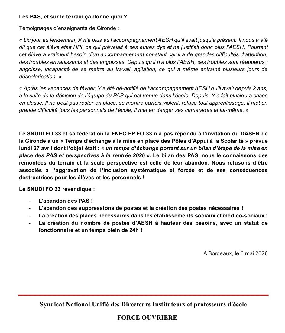FnecFpFO's tweet photo. La loi sur l'école inclusive a été adoptée le 11 mai. L'article visant généraliser les PAS a été battu et supprimé. Ces pôles d'appui à la scolarité ne servent qu'à faire des économies sur le dos des élèves fragiles. Nous allons continuer la mobilisation pour leur abandon ! https://t.co/CwZAvO8XvC