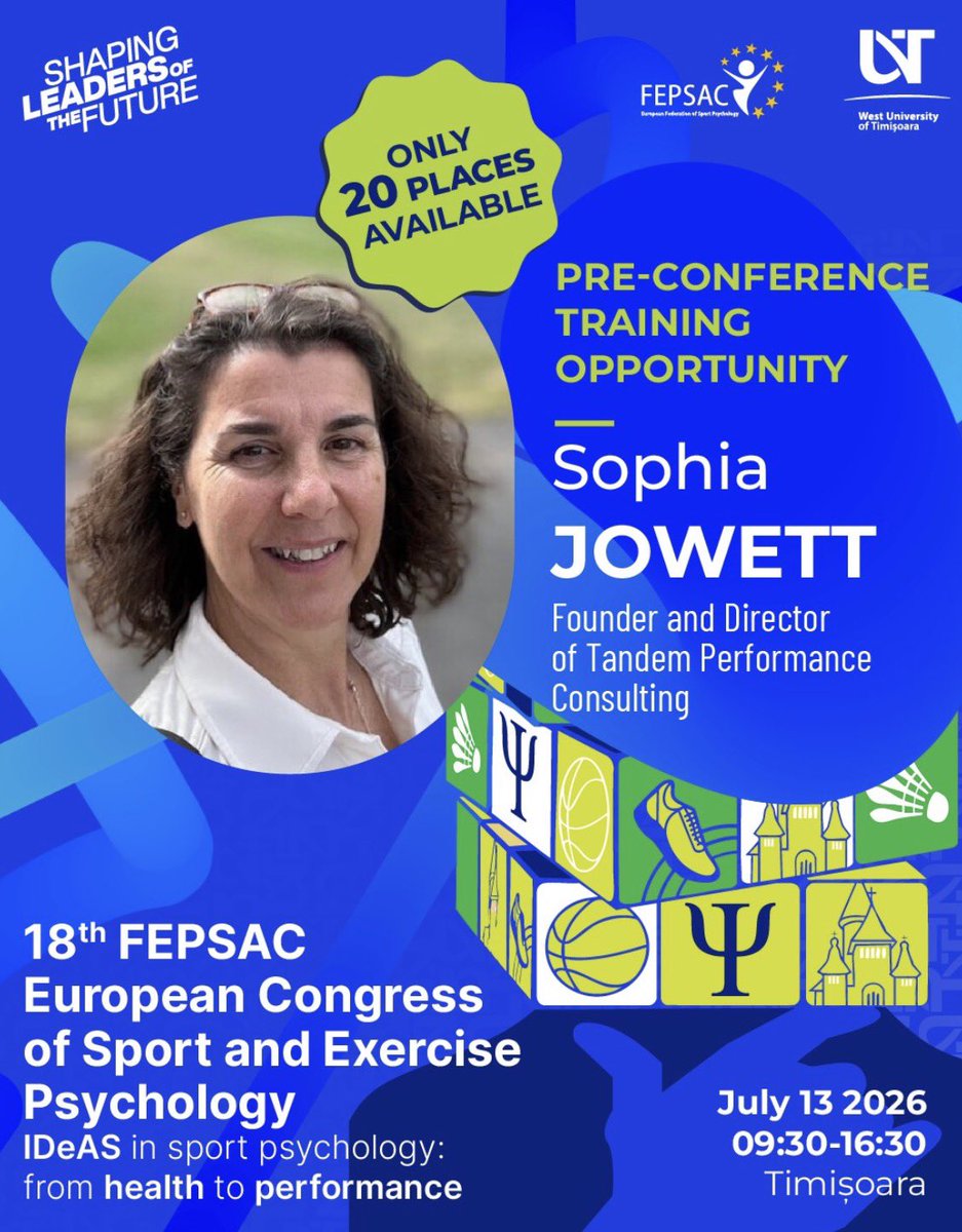 JowettSophia's tweet photo. 2026 @FEPSAC_MC Pre-training Conference opportunity

✅Understanding the value, quality and functions of the coach-athlete relationship and 
✅Practical ways to improve the effectiveness of coach-athlete relationships 

Register here https://t.co/3GJh1MKfKc https://t.co/6vJ1cBTwjI