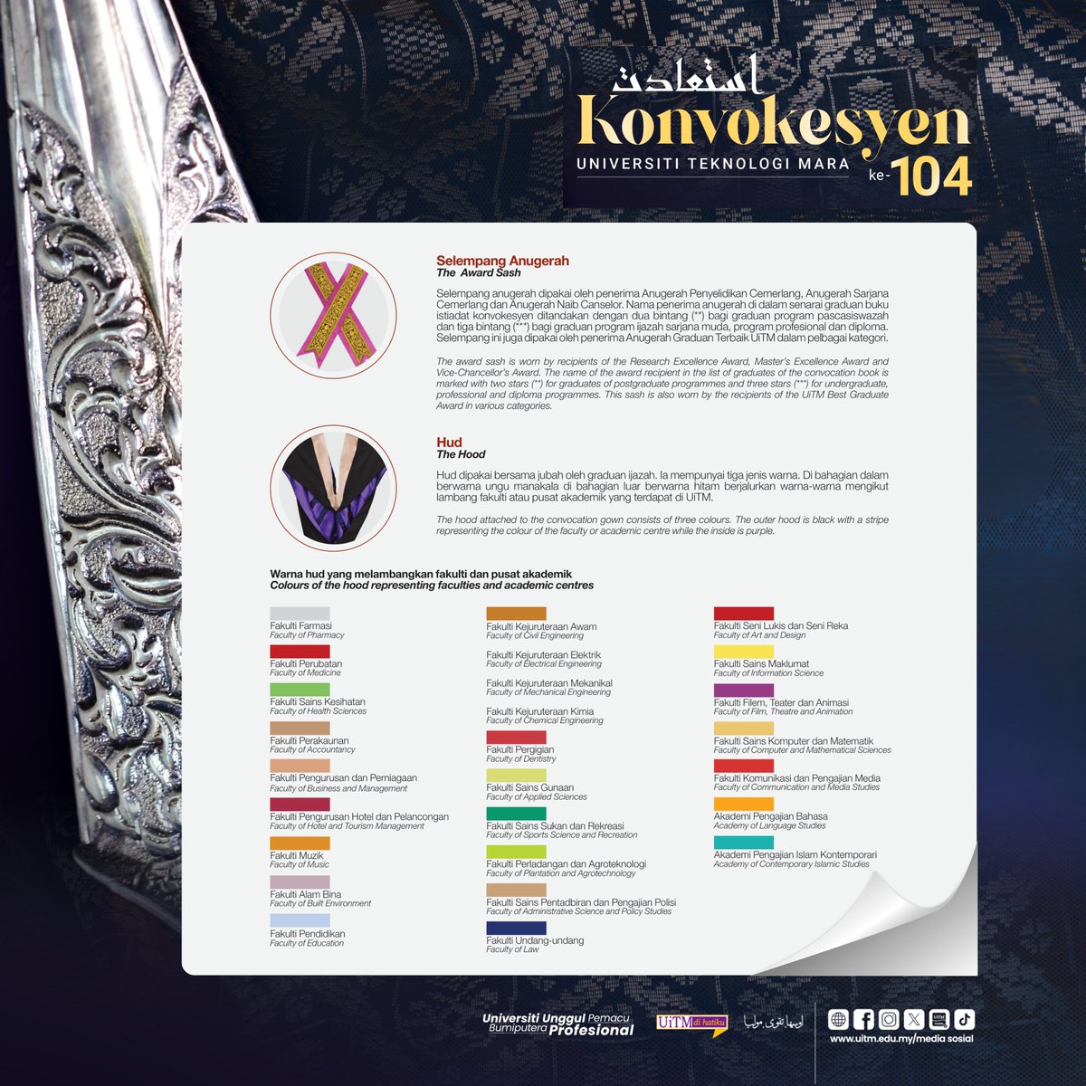 uitmofficial's tweet photo. Hud | 𝑇𝘩𝑒 𝐻𝘰𝑜𝘥
Hud dipakai bersama jubah oleh graduan ijazah. Ia mempunyai tiga jenis warna. Di bahagian dalam berwarna ungu manakala di bahagian luar berwarna hitam berjalurkan warna-warna mengikut lambang fakulti atau pusat akademik yang terdapat di UiTM. https://t.co/u3Fz6Fkbgo