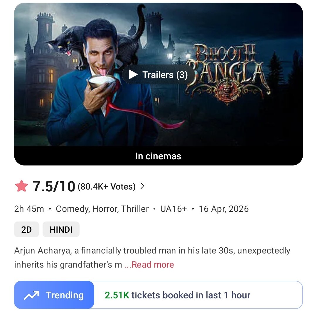 #BhoothBangla     
11am-12pm   
Tickets sold on BMS- 2510
Total from 9am- 5810