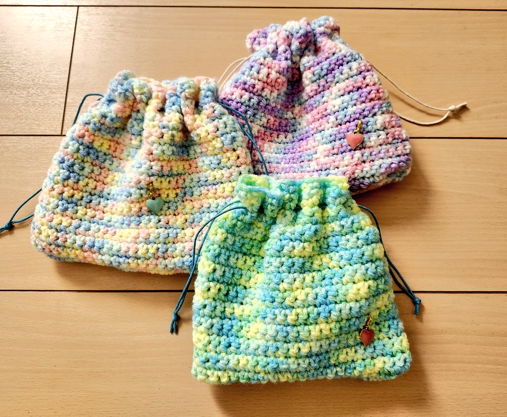 キッズ用巾着袋 3個出来ました🧶 #編み物 #巾着袋