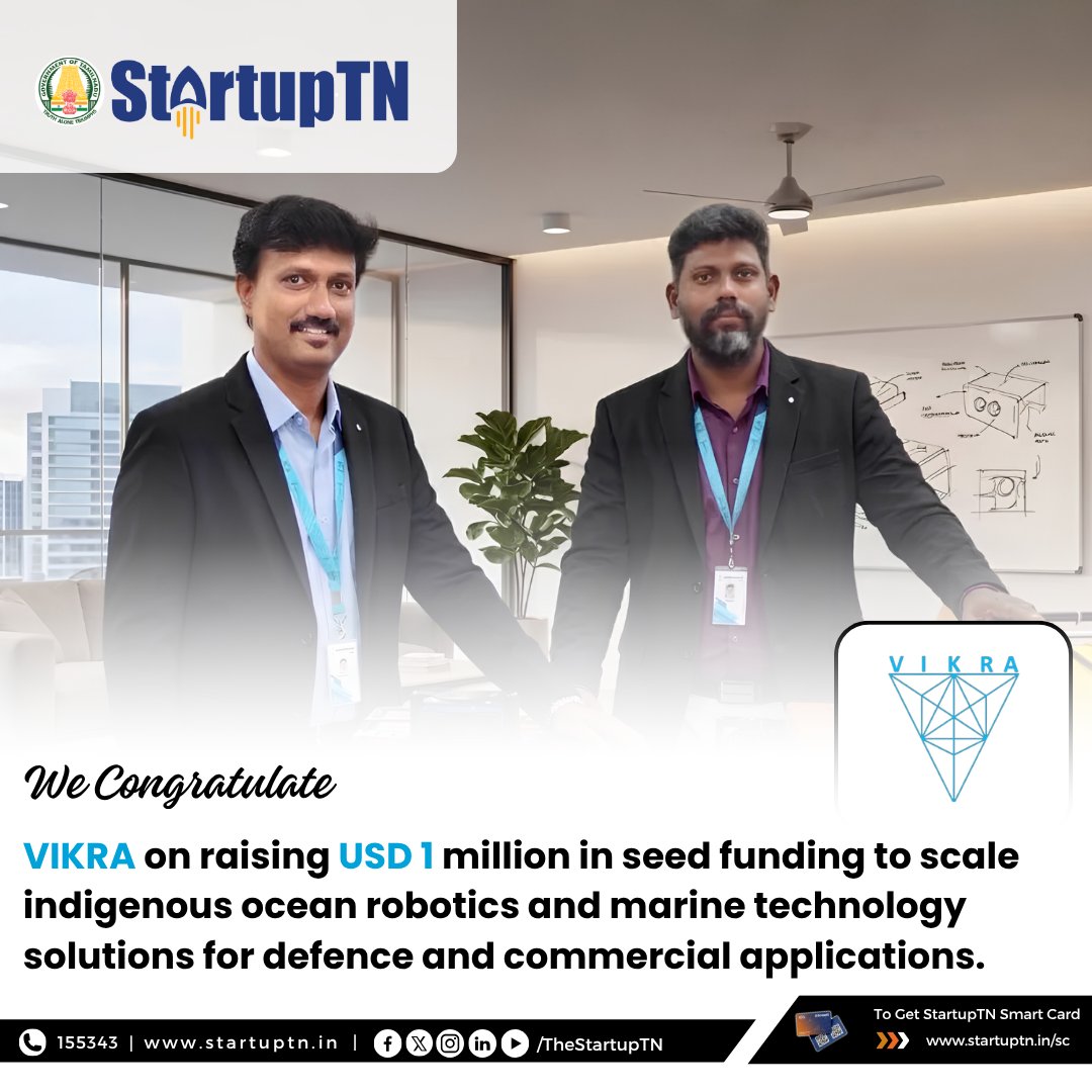 TheStartupTN's tweet photo. Congratulations to Vikra Ocean Tech on its Seed Fundraise

StartupTN congratulates Chennai-based deeptech startup Vikra Ocean Tech on raising USD 1 million in a seed funding round jointly led by Finvolve and India Accelerator.

#StartupTN #VikraOceanTech #DeepTech

@TNDIPRNEWS https://t.co/ezMuTrtwwa