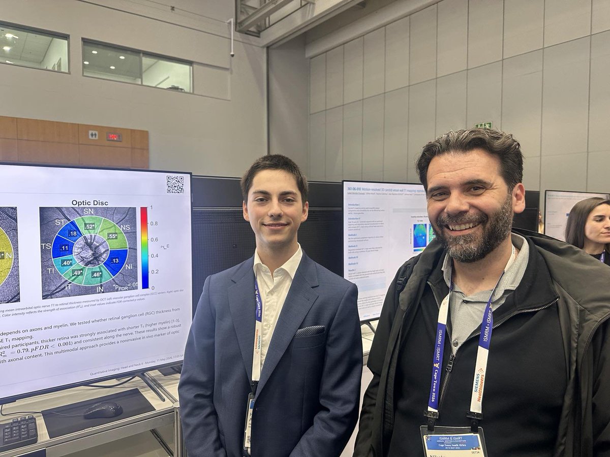Stikov's tweet photo. Hugo Albert Plante is only a 3rd year undergraduate student at Polytechnique Montréal and he is presenting two abstracts at this year's ISMRM meeting in Cape Town.

Yesterday Hugo presented our optic nerve T1 mapping collaboration with NYUAD Center for Brain and Health, and today (Tuesday) at 9:15am he will be presenting preliminary g-ratio results in the optic nerve. Come to digital poster 10 (row C) to meet an extraordinary researcher who has a bright future ahead!