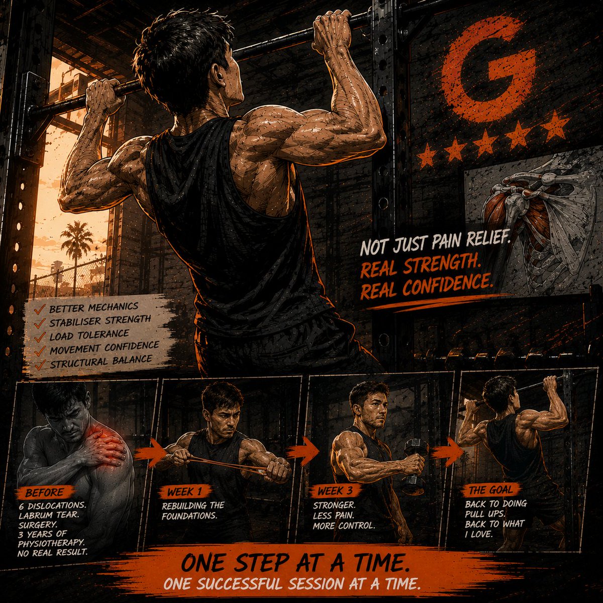 unitygym's tweet photo. One of the most frustrating things about shoulder injuries is when you do EVERYTHING right…

And still don’t recover.

That’s what happened to Dongwon.

In his Google review, he explained he had been battling shoulder issues since he was 20.

He was heavily into calisthenics and weight lifting.

Then came the dislocations.

6 of them.

Eventually he tore his labrum and had surgery.

After that?

3 years of on-and-off physiotherapy.

Still no real result.

That is usually the point where people lose hope.

Because if surgery and rehab did not work… what will?

Over the years we’ve noticed something important:

Most rehab systems focus on restoring basic daily function.

But athletes and lifters need much more than that.

They need the shoulder to tolerate real force again.

Hanging.
Pull-ups.
Bodyweight control.
Heavy loading.
Unity Gym approaches rehab differently.
The goal is not just reducing pain.
It is rebuilding capacity.

Better mechanics.
Stronger stabilisers.
Improved load tolerance.
Structural balance.

And sometimes the first signs of progress come faster than people expect.

Dongwon said that after only 3 weeks in the program, he already felt stronger and had less pain.

After years of failed rehab, that is huge.
And the best part of his review was the final line:
“I’ll post progress videos once I’m back to doing pull ups!”
Because the real goal was never just pain relief.

It was getting his identity back.

If you want to understand how to rebuild shoulder strength and stability after a labrum injury, comment:

SLAP TEAR

We’ll send you the full shoulder rehab video for free.

No opt-in.
No email.
Just the framework.