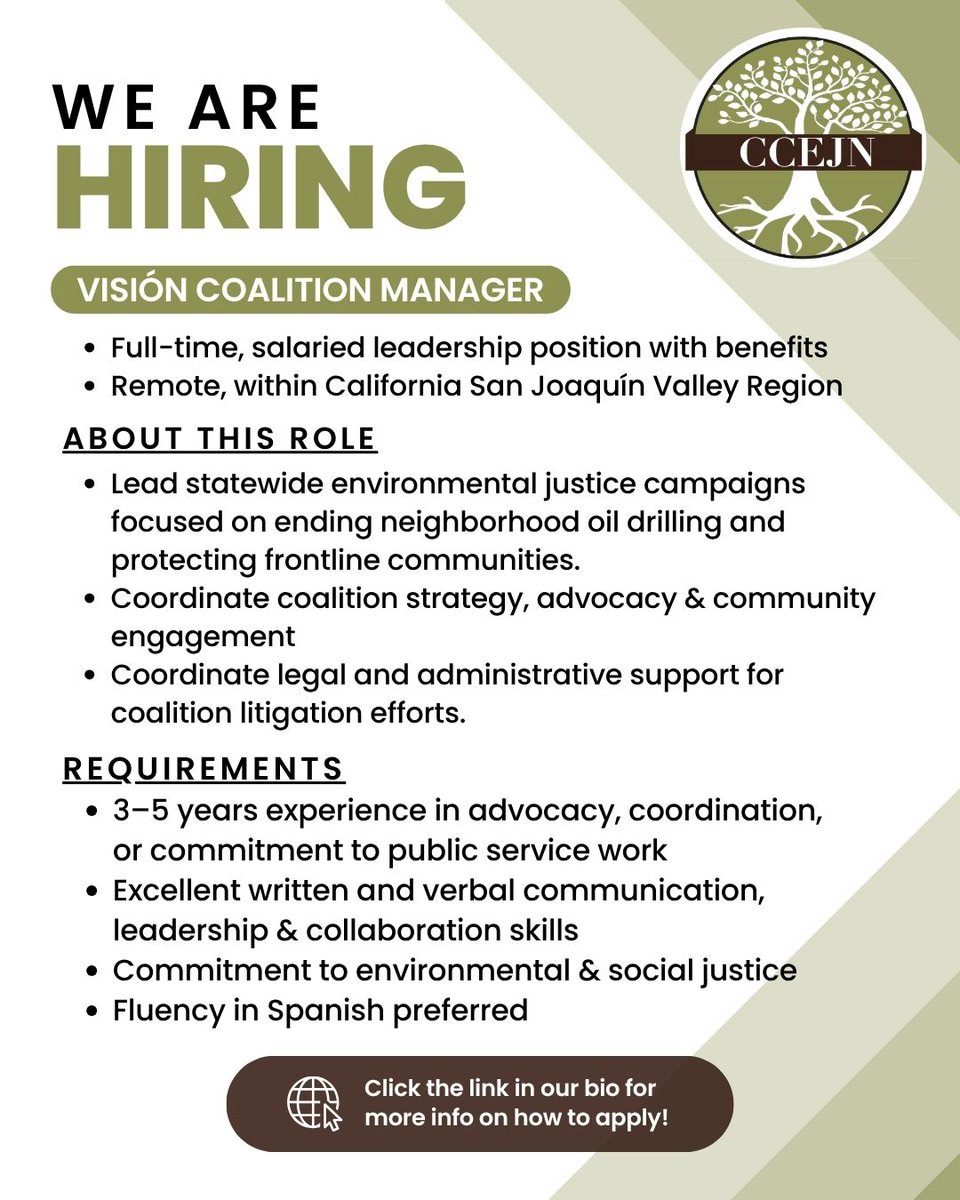CCEJN's tweet photo. We’re hiring! Join our team as VISIÓN Coalition Manager! 

Help advance environmental justice and community advocacy across California. We’re looking for passionate leaders committed to equity, coalition-building, and creating lasting impact. 

Click the link in our bio to apply! https://t.co/VGRS04WCpp