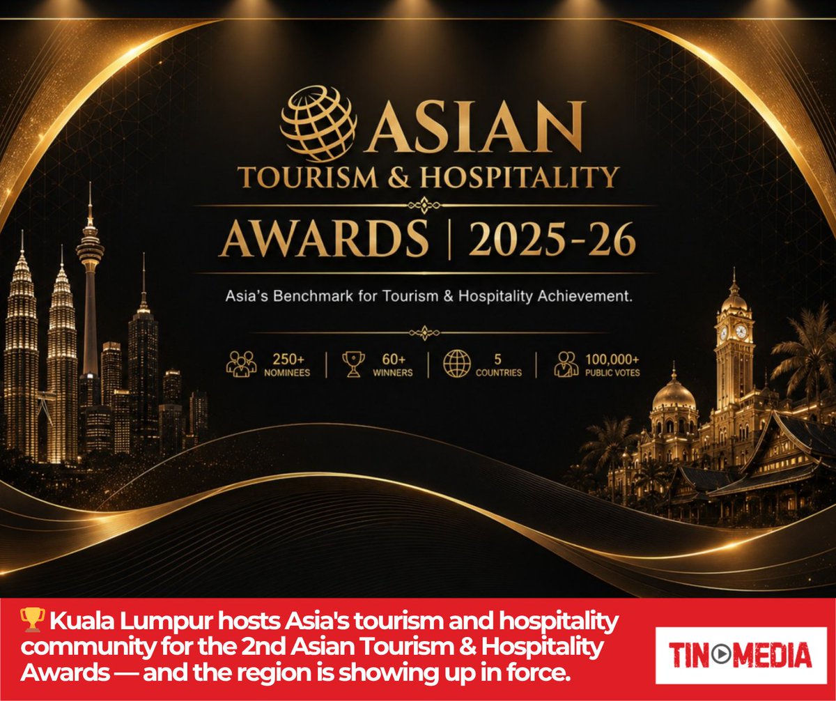 media_tin's tweet photo. 🏆 This Thursday, Kuala Lumpur hosts Asia's tourism and hospitality community for the 2nd Asian Tourism & Hospitality Awards — and the region is showing up in force.

The Asian Tourism & Hospitality Awards 2025–2026 gala ceremony takes place on 14 May 2026 — and in just its second year, the platform has grown into a genuinely regional event, with winners and industry leaders attending from Singapore, Malaysia, Indonesia, Vietnam, Cambodia, the Philippines and beyond.

The numbers behind this edition:
— 250+ nominees from 9 countries
— 100,000+ public votes collected
— 60+ winners to be recognised on 14 May
— Categories spanning accommodation, destination management, hospitality services, tourism innovation and leadership

The platform was built on a conviction that resonates deeply across the industry: excellence, if never acknowledged, quietly fades. The Asian Tourism & Hospitality Awards exists to ensure it does not — to tell every outstanding operator, team and destination leader across Asia that their work is seen, their contribution matters and they belong on this regional stage.

In just two editions, it has grown from a new voice in the industry calendar into a fixture — supported by the Malaysian Association of Hotels, PATA Malaysia Chapter, SKÅL International Kuala Lumpur and Danang Events and Convention Association Vietnam, and organised by TIN Media in the spirit of Visit Malaysia 2026.

To every nominee and winner joining us from across the region this Thursday: congratulations. The teams behind you earned this recognition just as much as anyone stepping onto the stage.

#ATHA2026 #AsianTourismAwards #TINMedia #VisitMalaysia2026 #Tourism #Hospitality #Excellence #AsiaTourism https://t.co/XnldOIEqr4