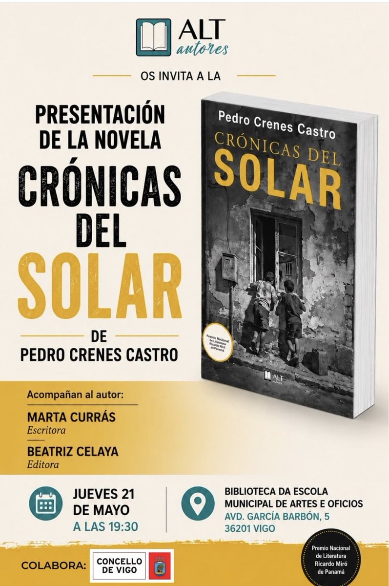 Beacelaya's tweet photo. 📣 Felices de anunciar el lanzamiento de “Crónicas del solar” de @pcrenes Os esperamos la semana que viene en Vigo junto a la escritora #MartaCurrás para hablar de esta joya, ganadora del Premio Nacional de Literatura Ricardo Miró. 💎📗

@altautores #novedadeditorial📚📖 https://t.co/eRFcIzrO8H