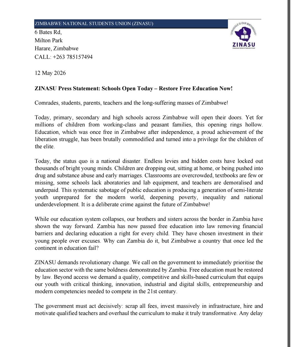 Zinasuzim's tweet photo. 🔵⚪️ZINASU Press Statement: Schools open today - Restore free education NOW!

While Zambia has boldly passed free Education into law, our government continues to betray the future of our youth. Our radical position remains centred on the immediate restoration of FREE, QUALITY and SKILLS-BASED education for every Zimbabwean child!
The struggle continues!
#FreeEducationNow
#ZINASU
#EducationIsARight