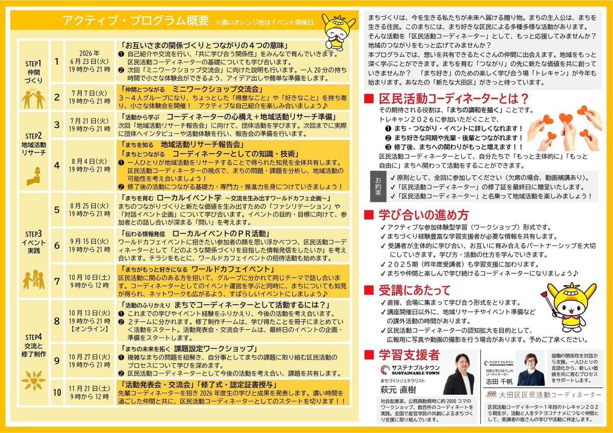 with_sx's tweet photo. 【大田区】区民活動コーディネーターとして、地域をもっと楽しみませんか？「トレキャン2026」募集スタート！

今年度も大田区での活動がもりだくさんです。まずは第一弾！
弊社が担当して三期目となります「区民活動コーディネータートレーニングキャンプ」は、��のすごいエネルギーの集合体！ https://t.co/LIrU1jr8kM