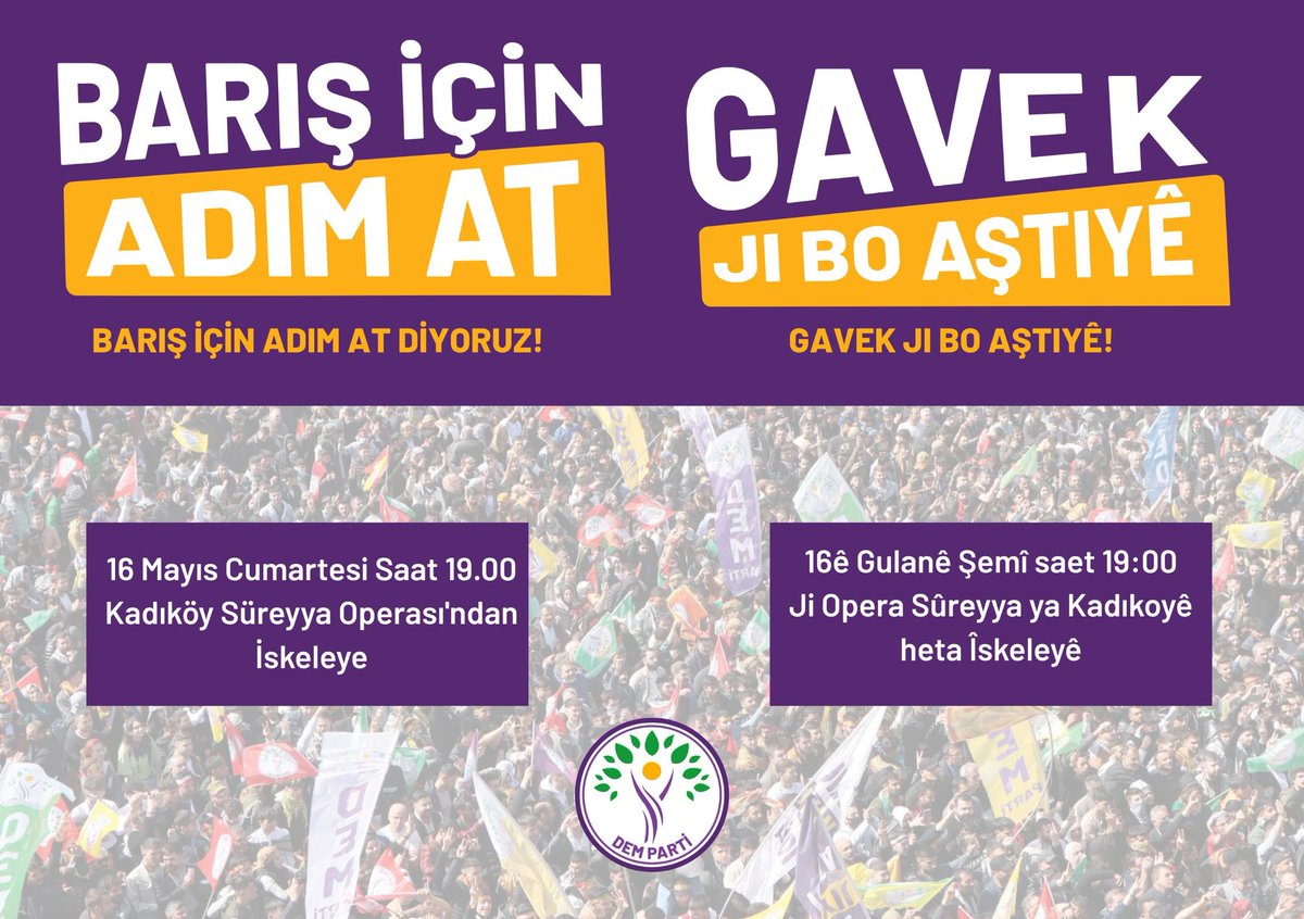 dempartistanbul's tweet photo. Tüm halklar ve inançlardan; kadınlar, gençler, emekçiler, işçiler, işsizler ve ezilenler olarak barış için yürüyoruz!

Sayın Abdullah Öcalan’ın özgür çalışma ve yaşam koşullarının sağlanması talebiyle, 16 Mayıs Cumartesi günü saat 19.00’da Kadıköy Süreyya Operası önünden iskeleye yürüyoruz.

Demokratik toplum, ortak yaşam ve barış için bir adım atmaya  çağırıyoruz.
