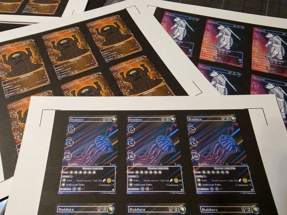 monquesttcg's tweet photo. Getting so much printing and cutting for comic-con in June. I'm so excited to get the founder runs out. I will have some on the website once comic-con is done, and will have alot more videos coming too. I am super excited to show all the new mons, lore,cards and more. https://t.co/VUWrSudW34