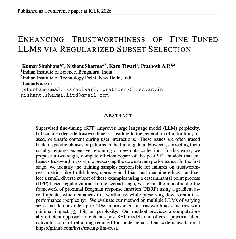 ICLR 2026 paper title "Enhancing Trustworthiness of Fine-Tuned LLMs via Regularized Subset Selection" — authors from IISc Bengaluru, IIT Delhi, and LatentForce.ai