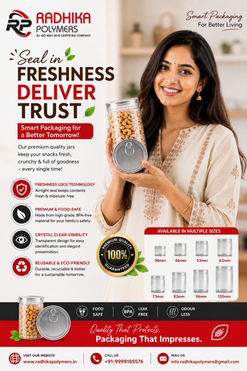 RadhikaPolymers's tweet photo. ✨Freshness Ko Kare Seal, Quality Ko Kare Feel✨
📦Smart Packaging For Better Branding Because your product deserves premium presentation.💫
✅Leak Proof &amp; Durable

Connect Our Team :- 
Contact no. - +919999105576, +919568520652 
Website - https://t.co/fVlCv5Mv24
#radhikapolymers https://t.co/4ybP52oXZa