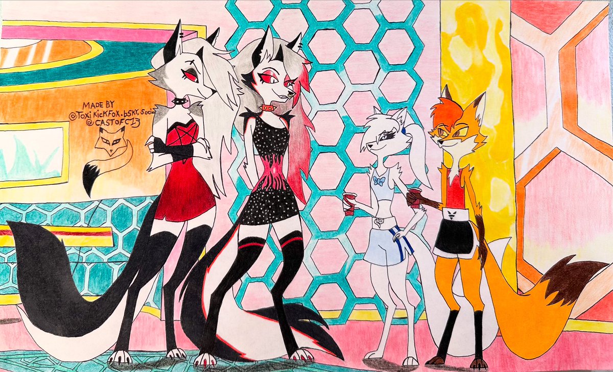 CastOfC13's tweet photo. Happy late Birthday @BleorkOverlord here's a late art gift present for you in the Gluttony ring 🦊Toxi & 🦊Xara are
hanging out with the birthday girl
🐺Vixie & 🐺Loona right beside her
having a fun time party !
#helluvabossocs #loonahelluvsboss
#helluvabossfanart https://t.co/QMVMy9verN