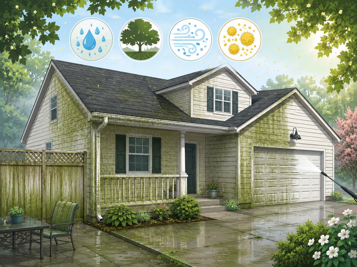 archlist's tweet photo. Why Green Buildup Gets Worse on Homes During Humid Spring Weather https://t.co/kHlop2zM4G https://t.co/re1fzinifS