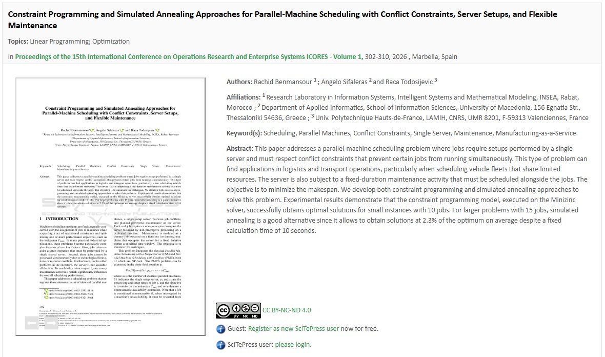 tec4maases's tweet photo. T4M New Publication alert:
“Constraint Programming and Simulated Annealing Approaches for Parallel-Machine Scheduling with Conflict Constraints, Server Setups, and Flexible Maintenance” at the ICORES2026. Find more at https://t.co/hSc2ZZSTg5 https://t.co/Np5FCeRsbi