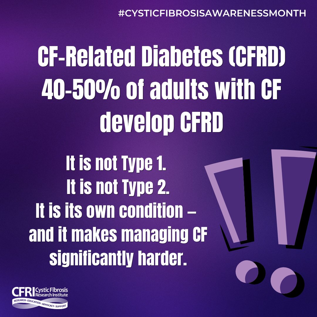 CFRI_CureCF's tweet photo. CF-Related Diabetes affects about 40–50% of adults w/CF and is one of the most common CF complications, yet one of the least discussed - adding yet another layer of daily management for people already carrying an enormous disease burden. https://t.co/VqddfpIx02