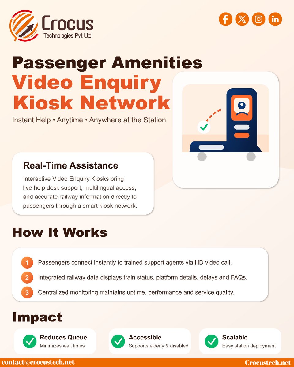 Crocus_tech's tweet photo. Smarter stations. Better passenger support. 🚆
Real-time assistance, multilingual access &amp; instant railway information through our Passenger Amenities Video Enquiry Kiosk Network.
#railways #railtech #smartstations #innovation #digitalindia #passengerexperience #publictransport https://t.co/FW6upqmyMi
