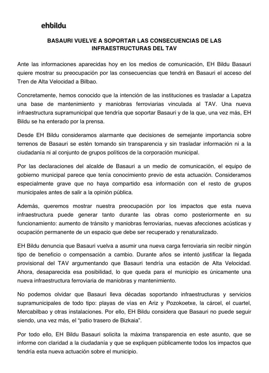 EHBilduBasauri's tweet photo. Basauri una vez más sale perdiendo, a sufrir una nueva infraestructura ferroviaria sin ningún tipo de compensación. Ya vale!!!

Basauri beste behin galtzaile, beste trenbide azpiegitura bat pairatu beharko dugu inolako konpentsazio barik. Aski da!!!
@ehbildubizkaia https://t.co/aEYsGTrc1g