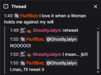 FluffBatVA's tweet photo. "I love it when a Woman holds me against my will" that is the tweet https://t.co/linBDraPi1