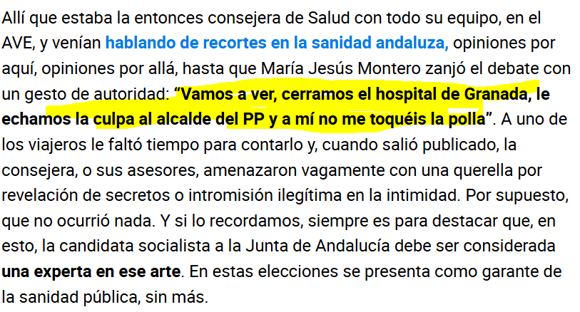 Qué bien que <a href="/CaraballoJav/">Javier Caraballo</a> recupere esta anécdota sobre María Jesús Montero de aquellos años en El Mundo Andalucía, aquella página de Susurros. Para los de fuera de Andalucía, para que entendáis la estupefacción que nos invade a algunos cuando vemos su cara y "Sanidad Pública".
