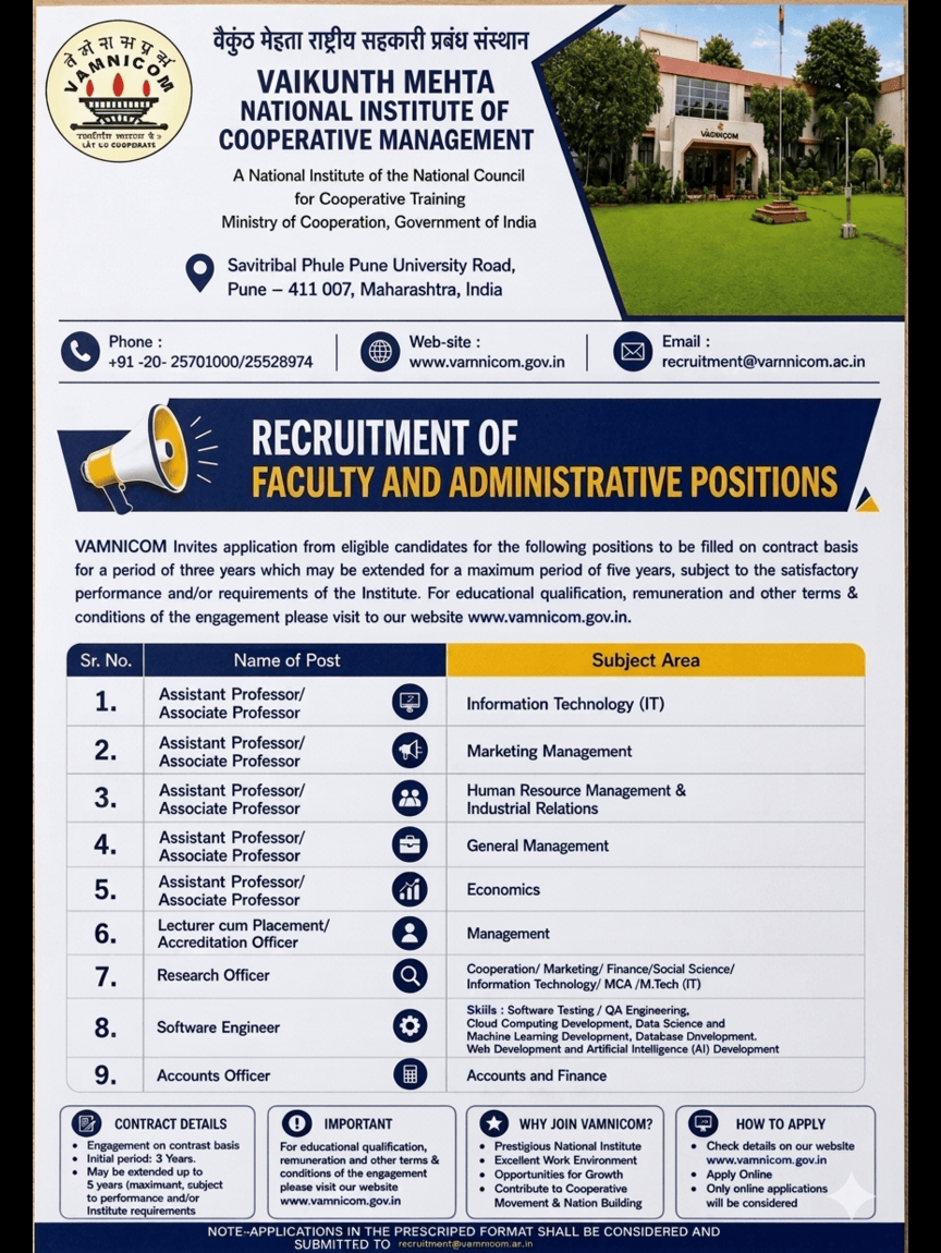 VAMNICOM_Pune's tweet photo. 📢 Recruitment Notification
Vaikunth Mehta National Institute of Cooperative Management invites applications for Faculty & Administrative positions.
🌐 Apply Online : https://t.co/L9mxeqZdJz
#VAMNICOM #Recruitment2026 #GovernmentJobs #ApplyOnline https://t.co/3tdZRCGudJ