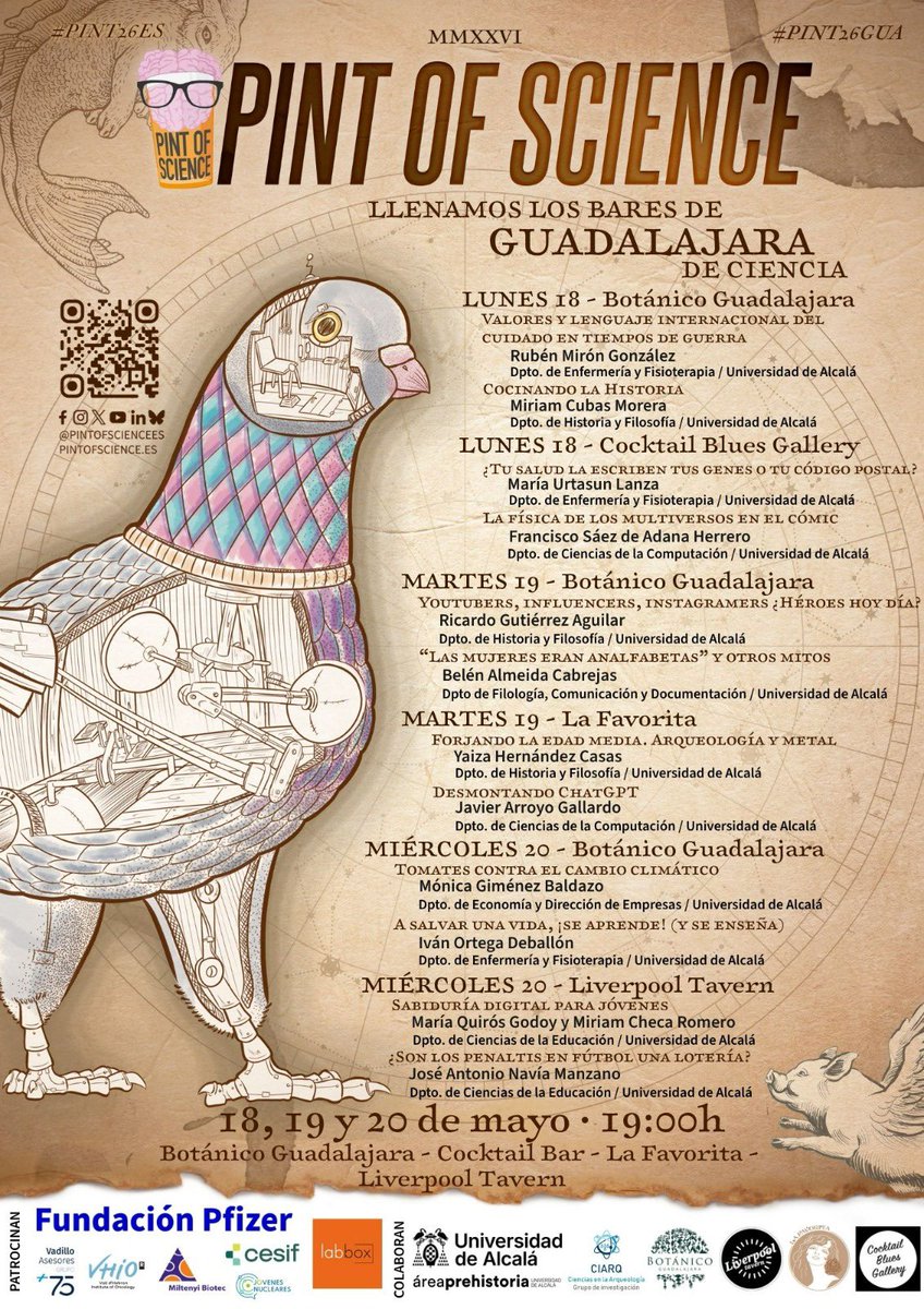fylUAH's tweet photo. Profesores e investigadores de nuestra facultad participan en #PintOfScience en Alcalá de Henares y Guadalajara 🍻

🗓️ 18, 19 y 20 de mayo
IA, salud, historia, educación, cambio climático y mucho más.

¡La ciencia sale de las aulas y llega a los bares!

#DivulgaciónCientífica https://t.co/yaLO3Z14fg