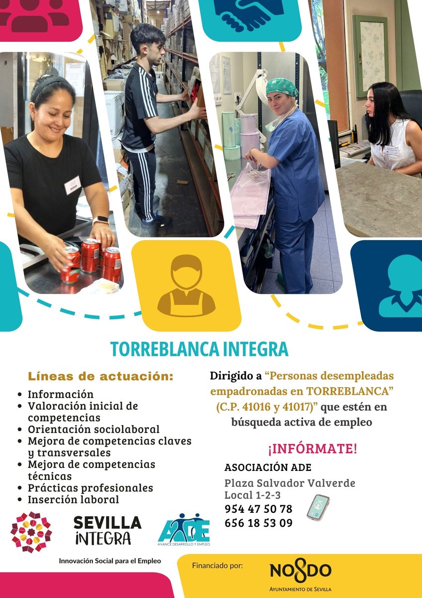 Seviempleo's tweet photo. 📢 Programa “Torreblanca Integra: Oportunidades que transforman vidas”, dentro de #SevillaIntegra financiado por el @Ayto_Sevilla
📞 954 47 50 78 / 656 18 53 09
🏢 Plaza Salvador Valverde
➕ INFO 🔗 https://t.co/mCqLNIfQc9
🗺️ #SevillaEmpleo #torreblancaintegra #EmpleoSE https://t.co/10R2NJHIWL