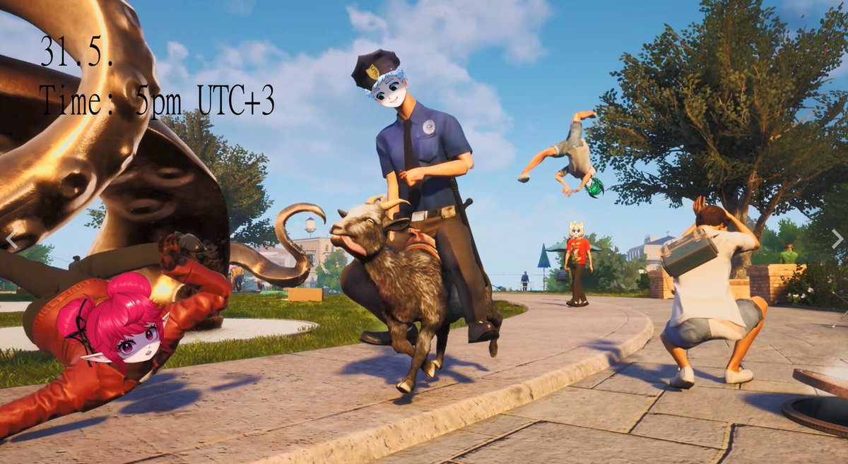 Deserada_'s tweet photo. Time for announcement! 
IT IS TIME FOR A REVEAL on 31.5. I'm going to start 5pm with some talking (at least try to talk) and showing everything and at 6pm we will gather the family and let the chaos be free on Goat simulator 3 w/ @FuuStreams @Blizzarska @shaakkunen https://t.co/cKkjTuCtxa