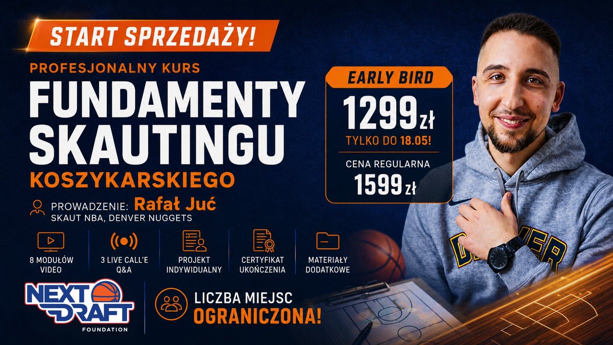 f_nextdraft's tweet photo. 🚨 Ruszyła sprzedaż kursu skautingowego Rafała Jucia 🏀

📅 Start: 1.06
🎫 Early Bird 1299 PLN tylko do 18.05
📈 Potem 1599 PLN
 🎟  Liczba miejsc ograniczona

📖 Szczegóły kursu: https://t.co/RpxgPvhjjz

🛒 Zakup: https://t.co/ffeHPS0Cv2

#plkpl #basketball https://t.co/xPNOnVkCW0