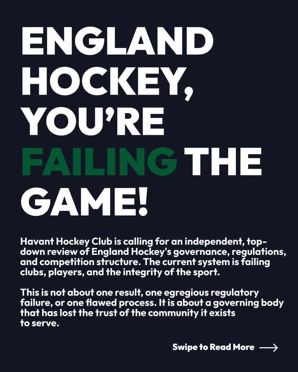HavantHC's tweet photo. Public Statement from Havant Hockey Club. 

If Clubs don't drive the change, who will? England Hockey have let the ball drop too many times and we are calling for a top-down review of their governance, regulations, competition structure and transparency in decision making. https://t.co/rPb0pCaJEt