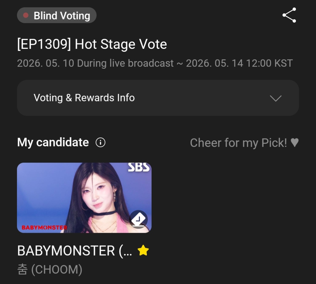 [📣] INKIGAYO HOT STAGE (DAY 3)

MONSTIEZ, don’t forget to vote on Higher too! If we win, #BABYMONSTER will receive a physical trophy. Since it's blind voting, we shouldn’t be complacent so vote now if you haven’t yet 🫡

🔗 Vote here: higher.fan/app/hotstage/6…
💎 1 Vote = 30