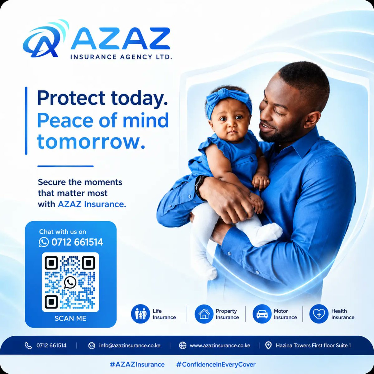 AzazInsurance's tweet photo. Protection is about the future we secure for those who depend on us.
With AZAZ Insurance Ltd, every step you take is backed by peace of mind.
Protect today, peace of mind tomorrow.
Talk to us today on 0712 661514
#AZAZInsurance #ConfidenceInEveryCover https://t.co/87s9riwxgN